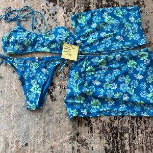 Blue Floral 3-Piece Bikini Set with Skirt